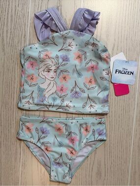 Disney Frozen Elsa Girls 3T Blue Floral Bikini 2PC Swimsuit NWT